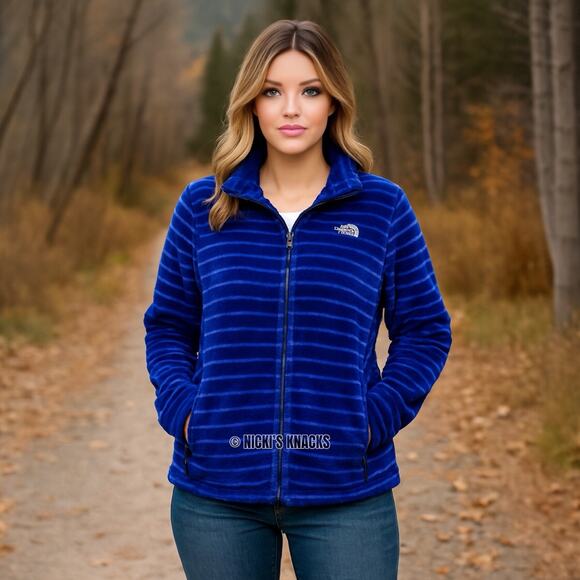 The North Face Royal Blue Striped Osito Fleece Full Zip Outdoor Jacket Size L - Picture 1 of 9